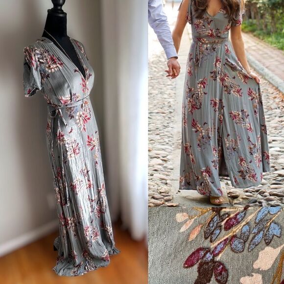 Lulu's Fiorire Slate Blue Floral Print Wrap Maxi Dress Size S - Picture 1 of 16